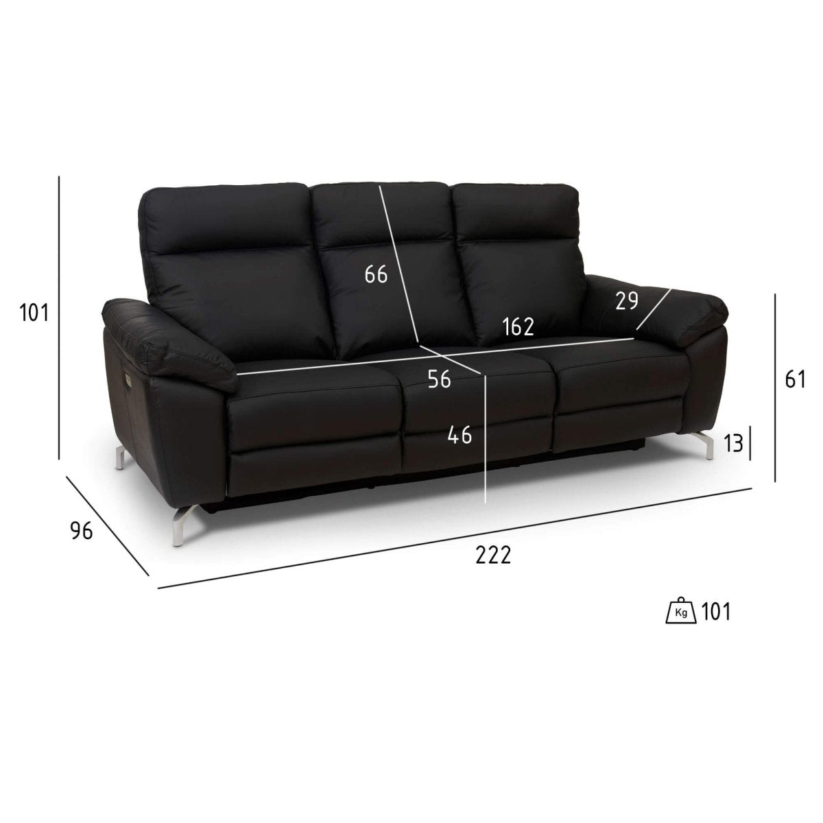 3-Sitzer Sofa - mit Elektrische Relaxfunktion, USB - Echtleder Schwarz