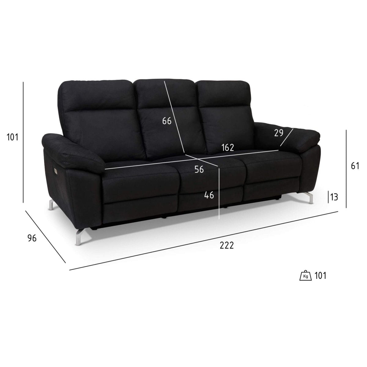 3-Sitzer Sofa - mit Elektrische Relaxfunktion, USB - Stoffbezug Schwarz