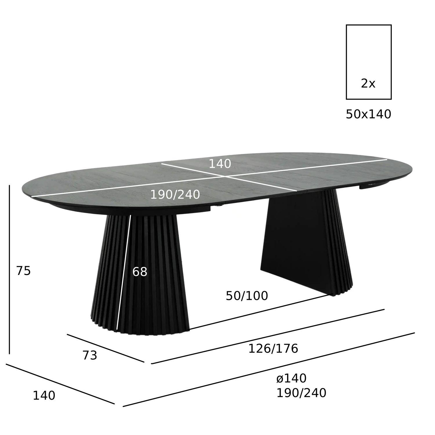 Essgruppe mit 4 Stühle und Esstisch - ø140 cm - Ausziehbar bis 240 cm Schwarz