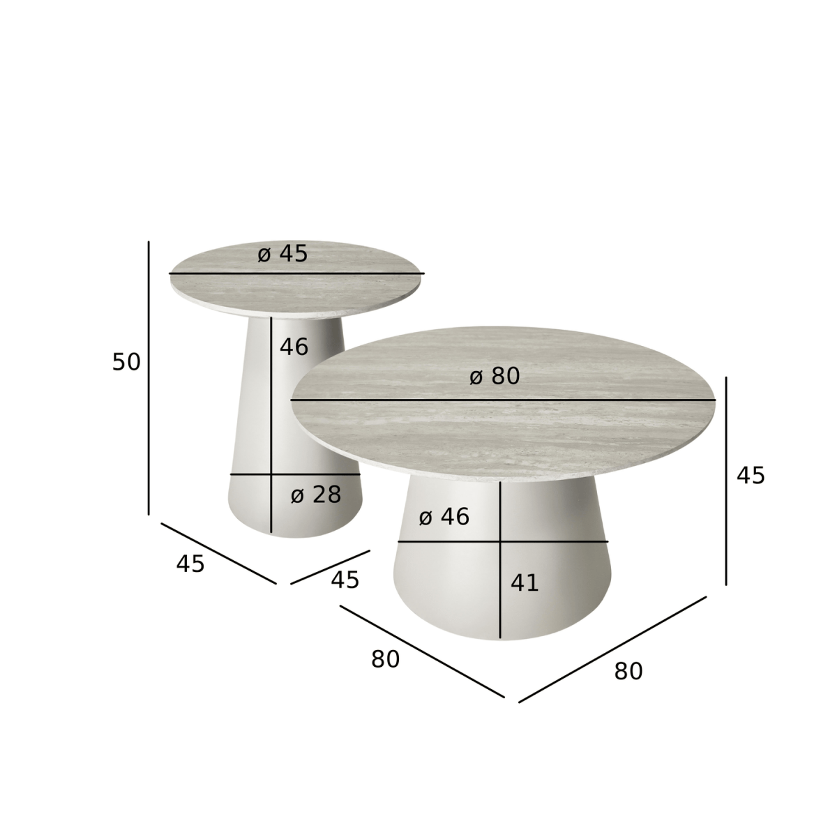 Couchtisch 2er Set ø45/80 cm - Travertine-Optik Grau