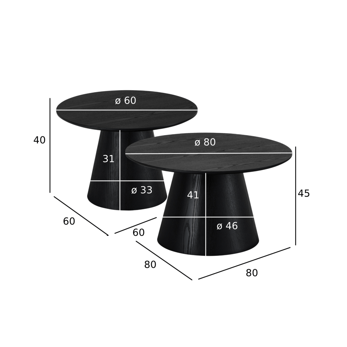 Couchtisch 2er Set ø60/80 cm - Eiche Schwarz