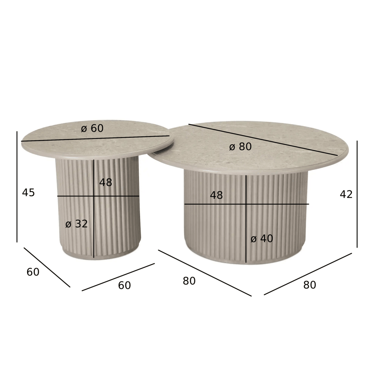 Couchtisch 2er Set ø60/80 cm - Marmoroptik & Lamellenoptik Beige
