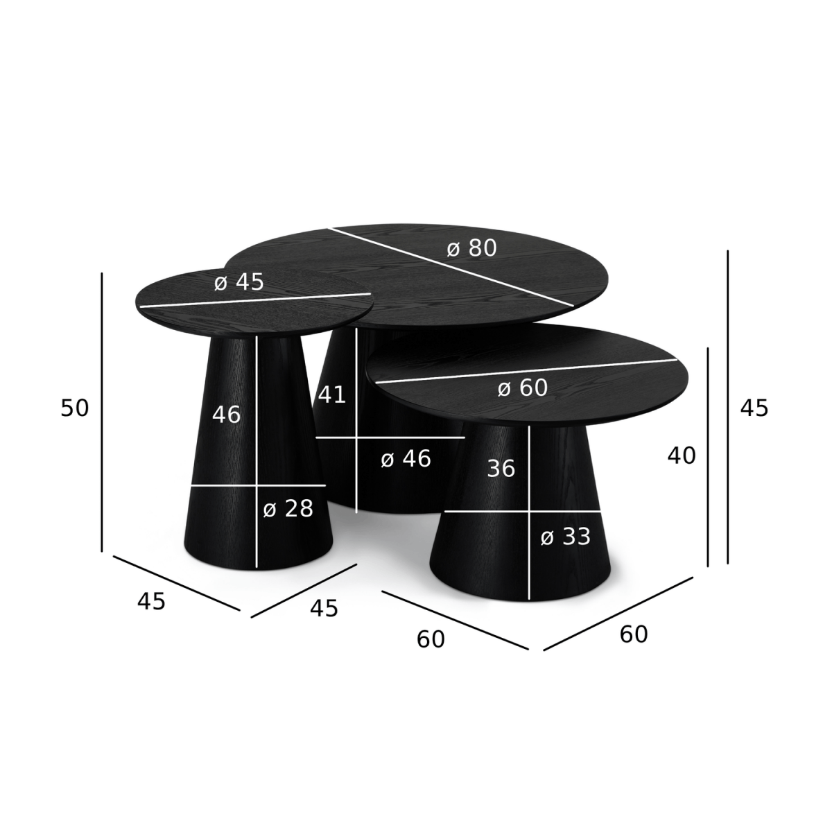 Couchtisch 3er Set ø80/60/45 cm - Eiche Schwarz