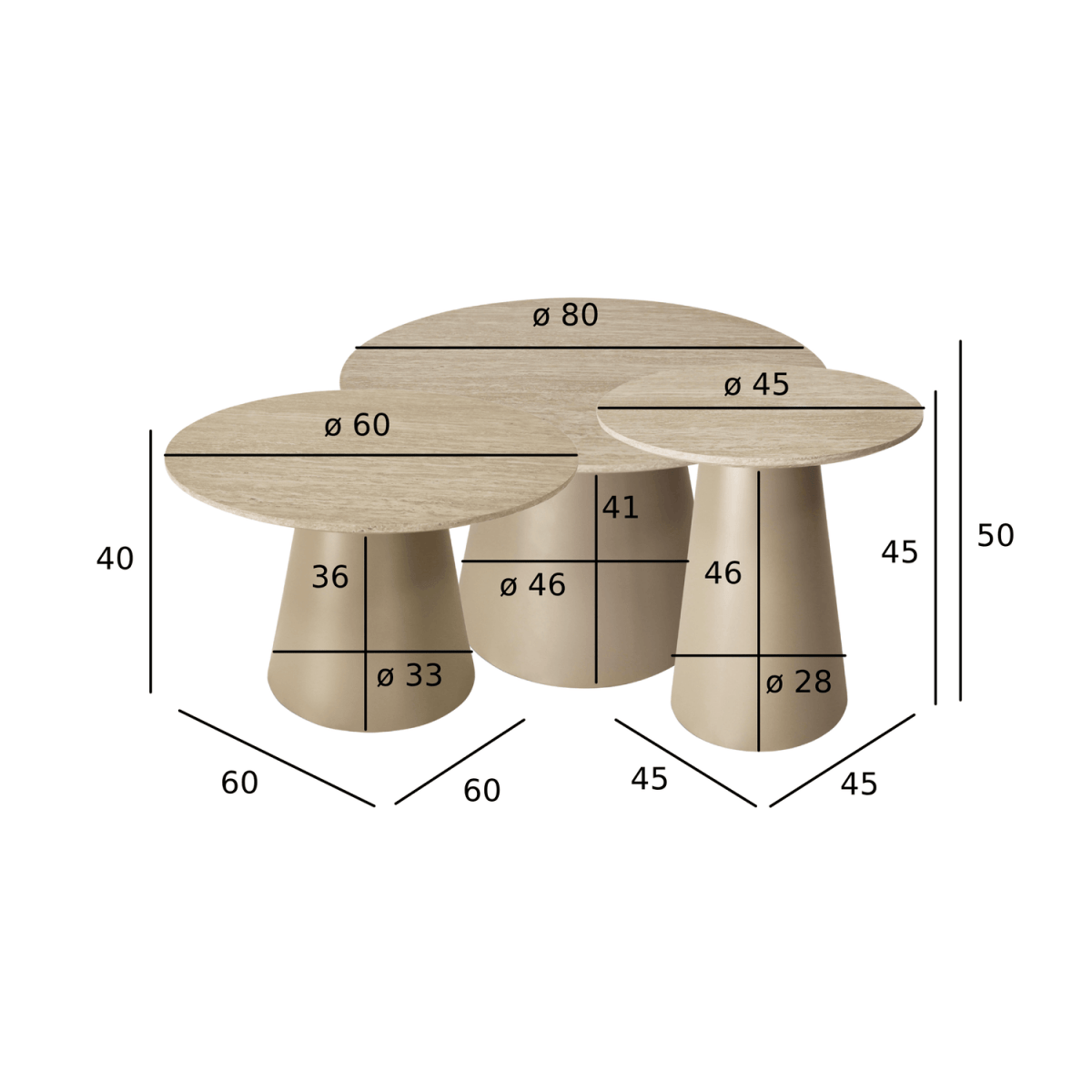 Couchtisch 3er Set ø80/60/45 cm - Travertine-Optik Beige