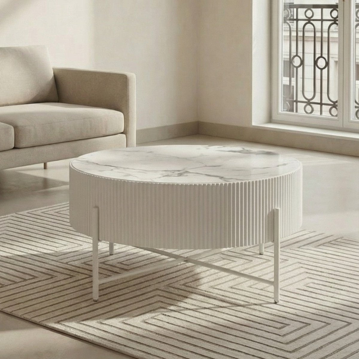 Couchtisch Rund ø80 cm - Milo in Marmoroptik Weiß | ibbedesign