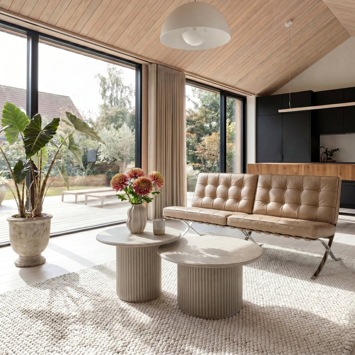 Couchtisch Rund ø60 cm - Marmoroptik & Lamellenoptik Beige