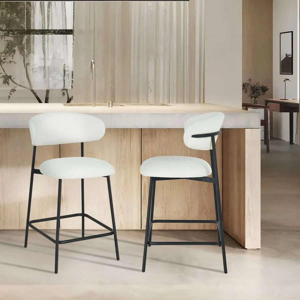 FURNHOUSE Diana Barhocker 2er Set - Bouclé-Stoff Weiß