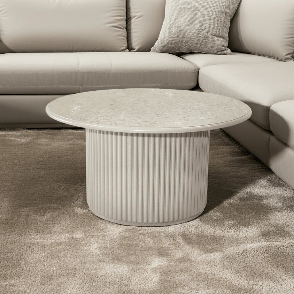 FURNHOUSE Easy Couchtisch Rund ø80 cm - Marmoroptik & Lamellenoptik Grau