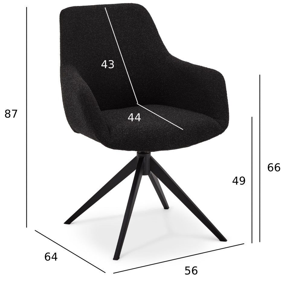 FURNHOUSE Helena Esszimmerstühle mit Armlehne 2er Set - Drehbar, Bouclé-Stoff Schwarz