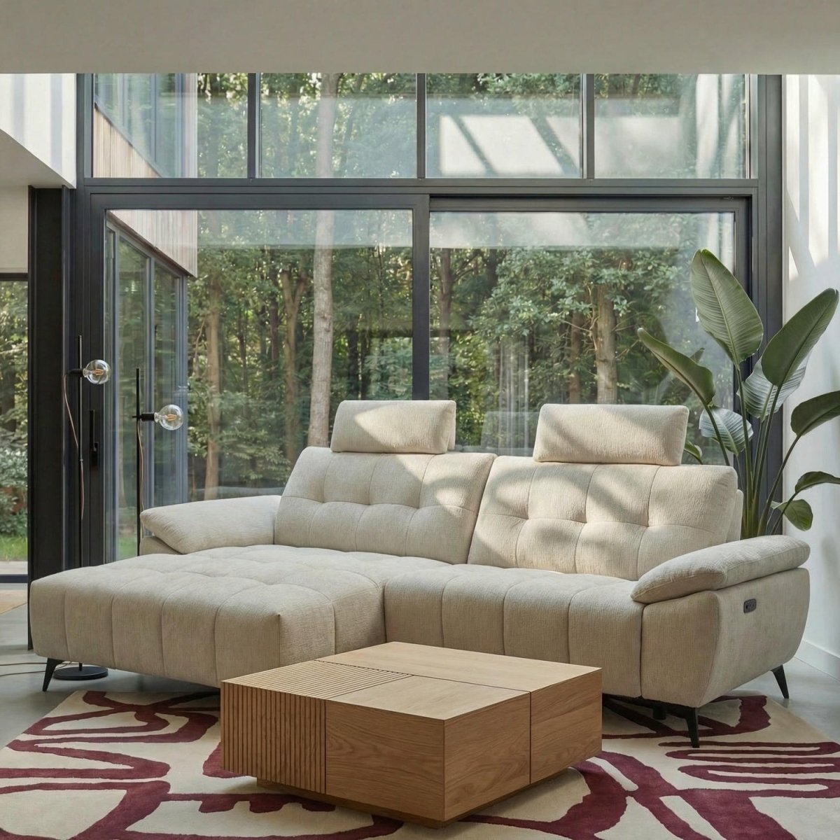 L-Form Ecksofa Links - mit Elektrische Relaxfunktion, USB - Stoffbezug Creme Beige