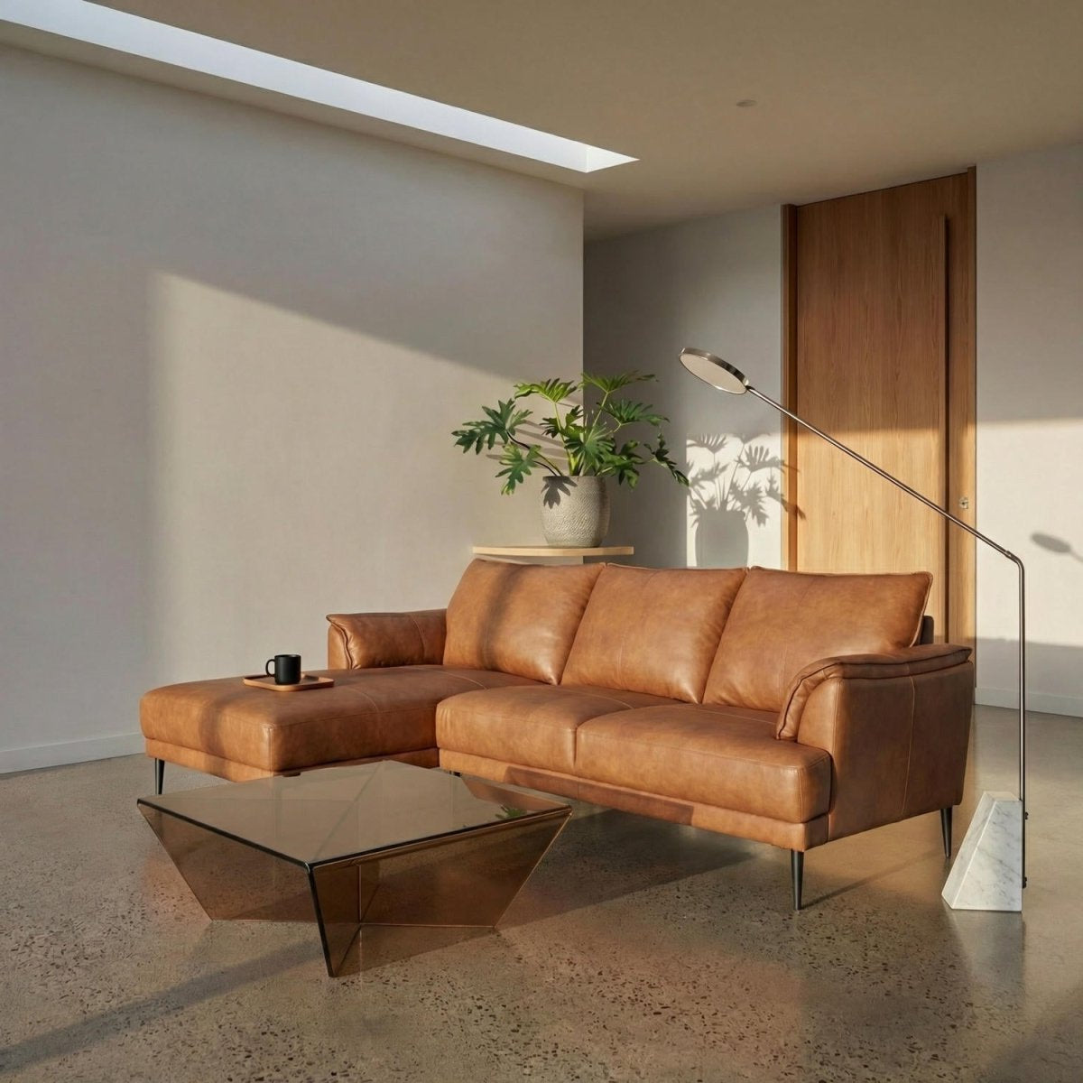 L-Form Ledersofa mit Ottomane Links - Echtleder Cognac Braun
