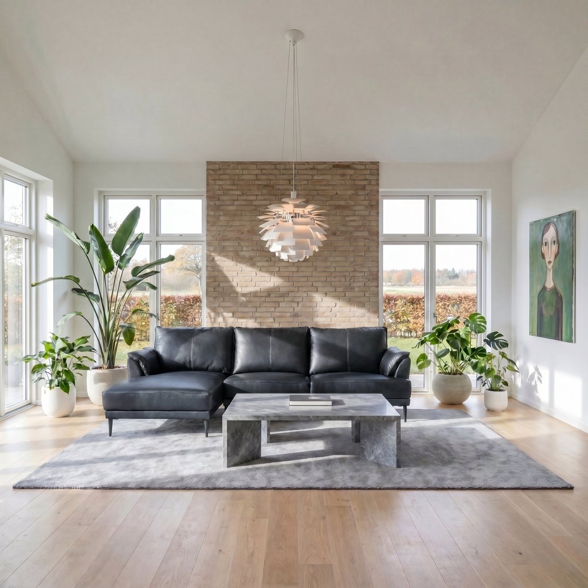 L-Form Ledersofa mit Ottomane Links - Echtleder Schwarz