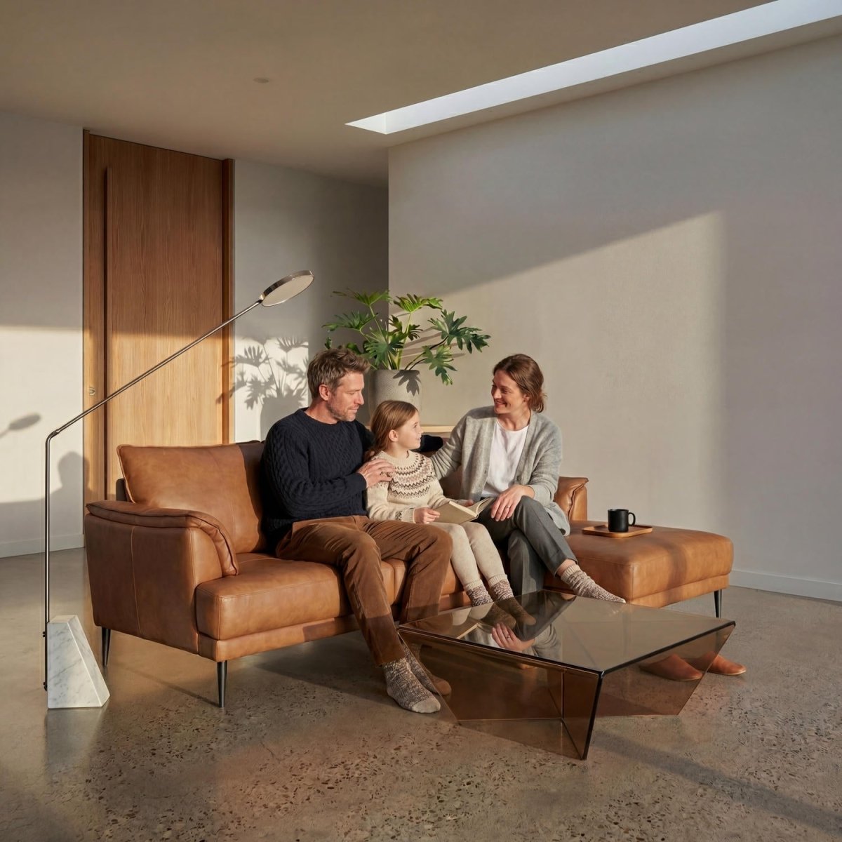 L-Form Ledersofa mit Ottomane Rechts - Echtleder Cognac Braun