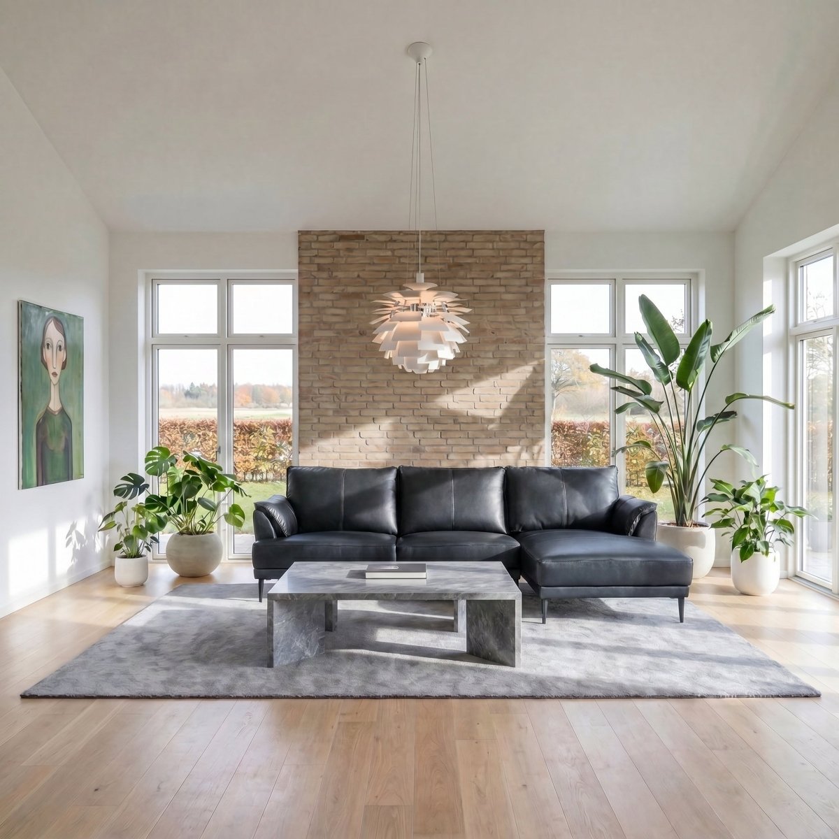 L-Form Ledersofa mit Ottomane Rechts - Echtleder Schwarz