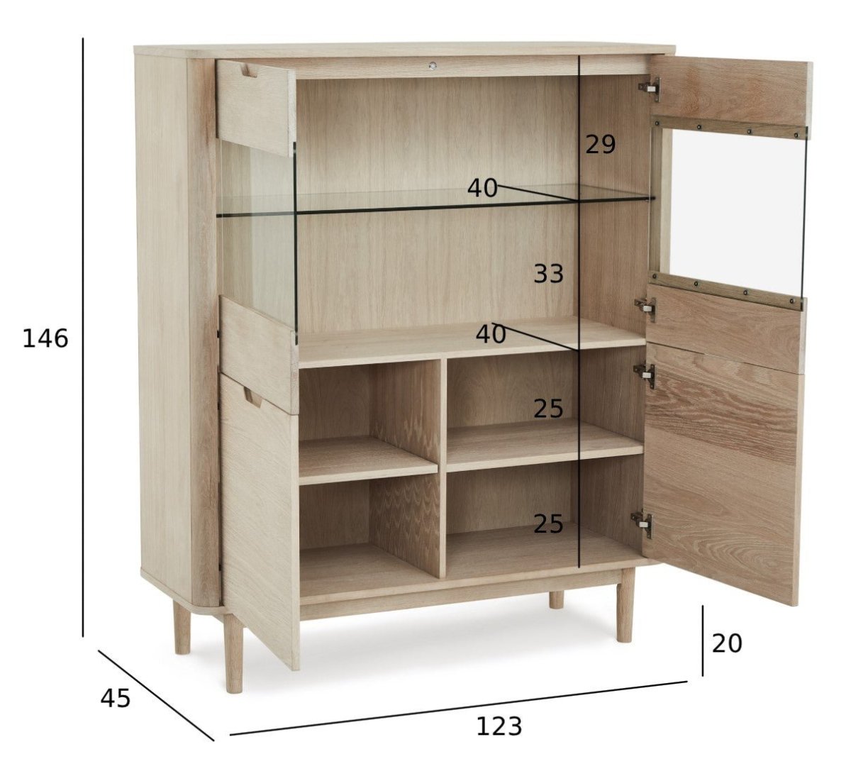 Highboard mit LED-Beleuchtung - 123 cm breit - Eiche bianco