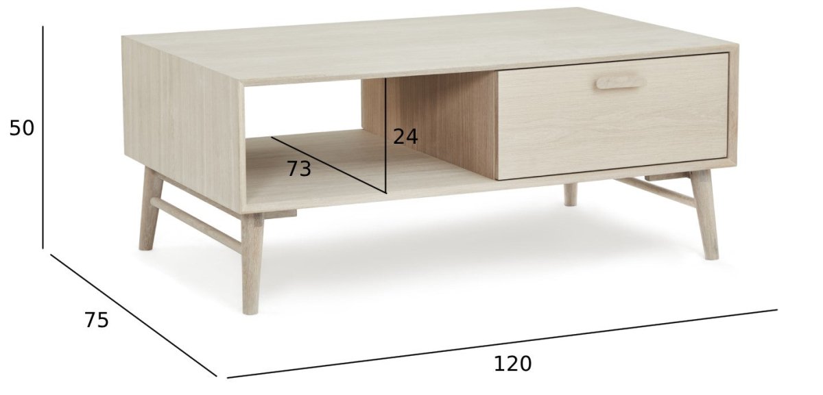 Couchtisch mit Stauraum Rechteckig 120x75 cm - Eiche Bianco