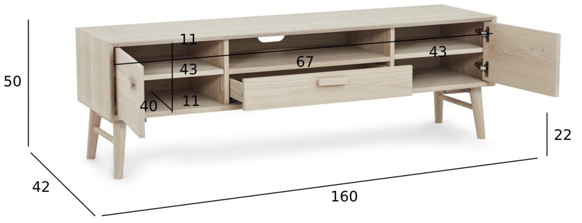 TV-Tisch mit 2 Türen - 160 cm breit - Eiche bianco