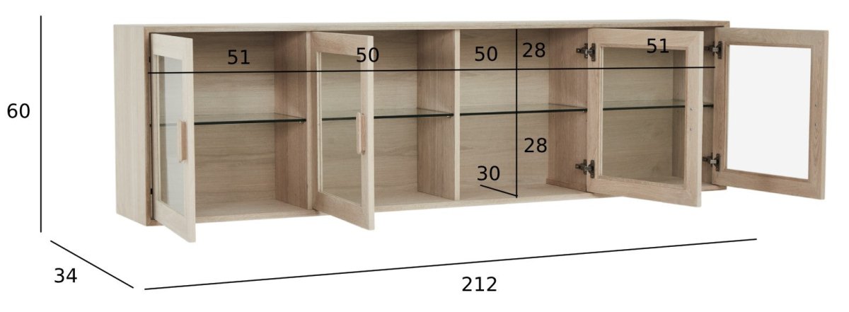 Wandschrank mit LED-Beleuchtung - 212 cm breit - Eiche bianco