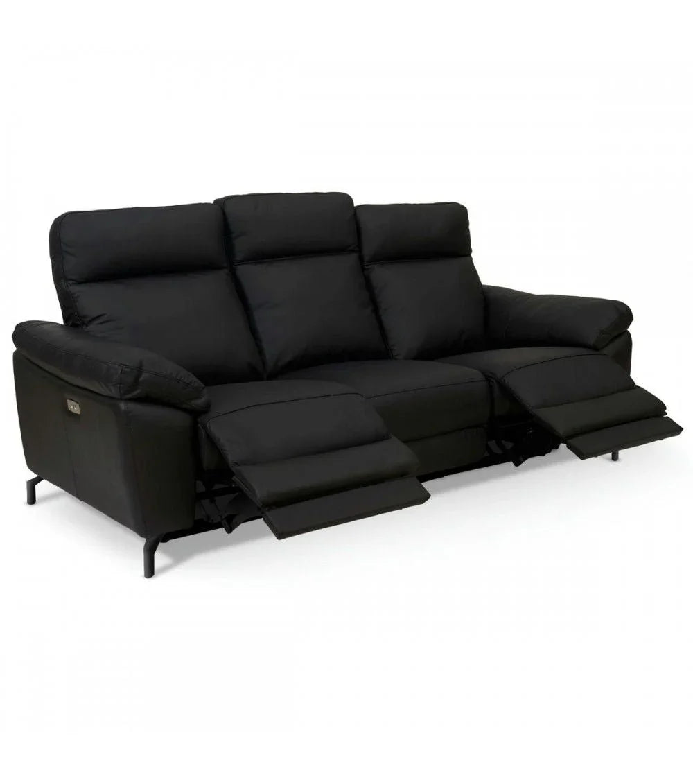 FURNHOUSE Selesta 3-Sitzer Sofa – mit Elektrische Relaxfunktion, USB - Echtleder Schwarz