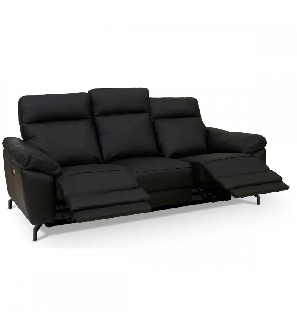 FURNHOUSE Selesta 3-Sitzer Sofa – mit Elektrische Relaxfunktion, USB - Echtleder Schwarz