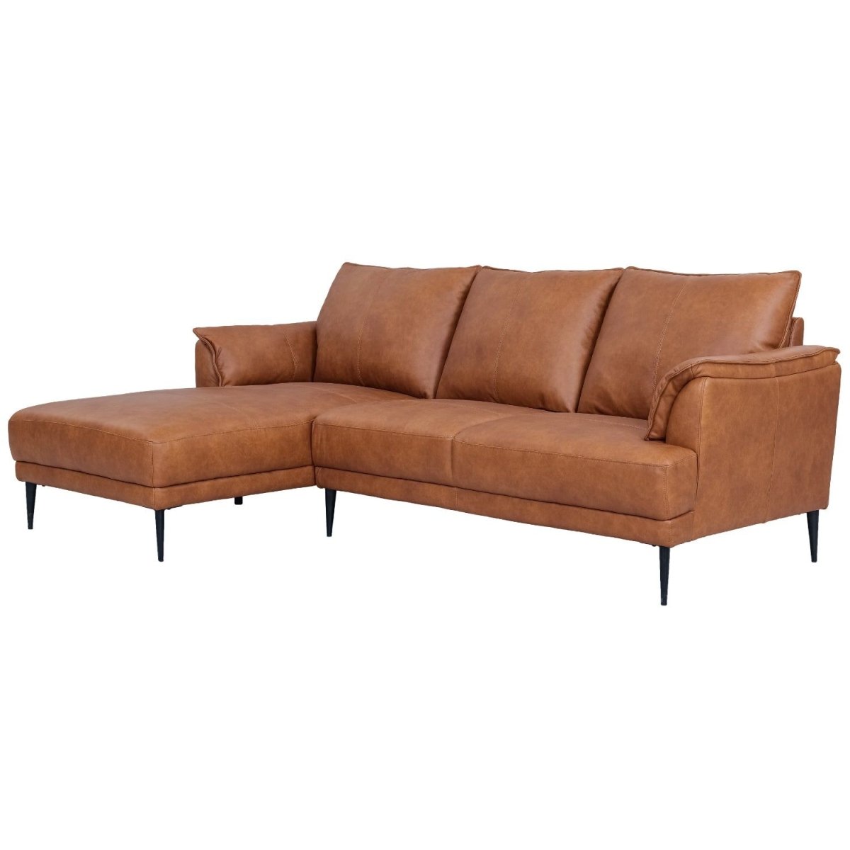 L-Form Ledersofa mit Ottomane Links - Echtleder Cognac Braun