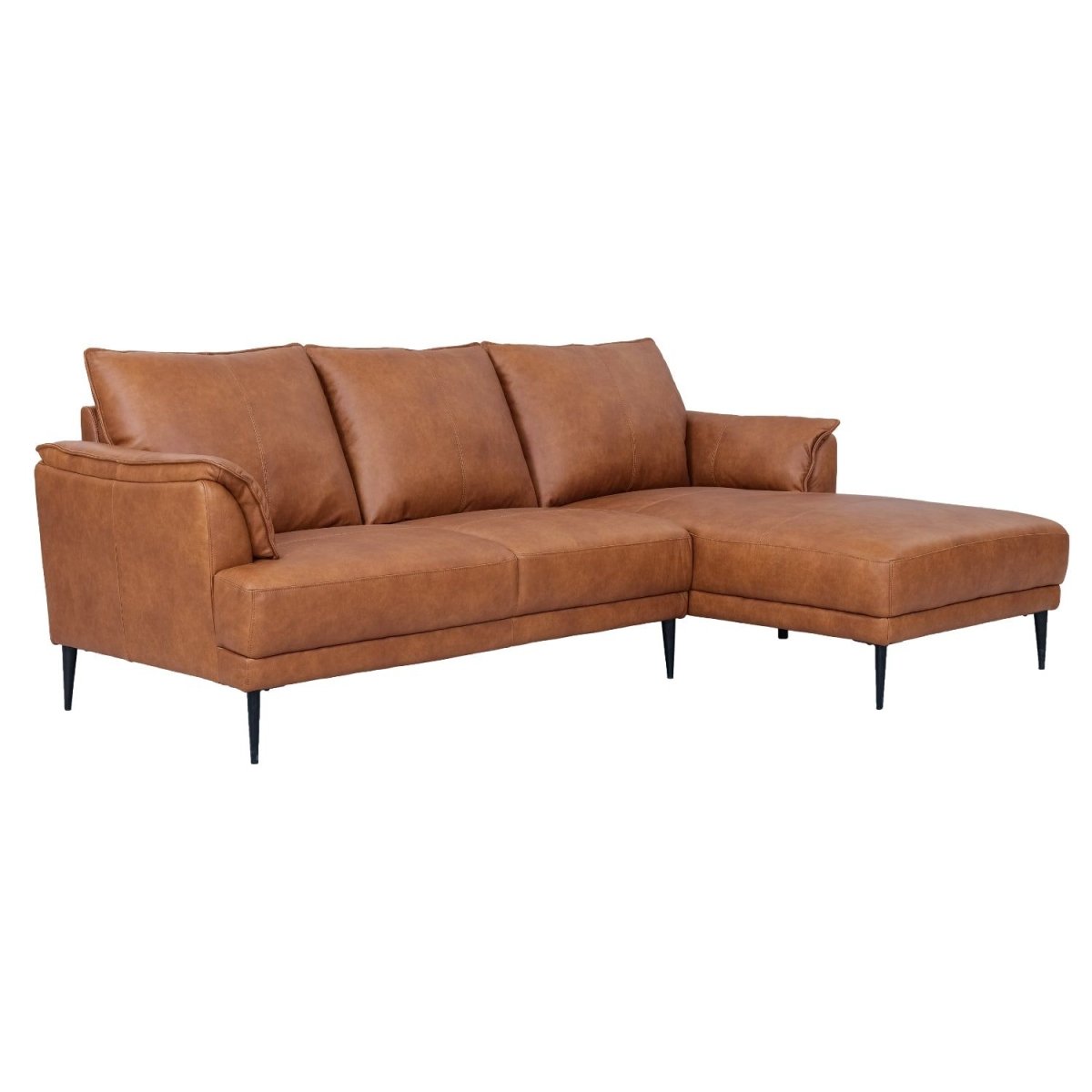 L-Form Ledersofa mit Ottomane Rechts - Echtleder Cognac Braun